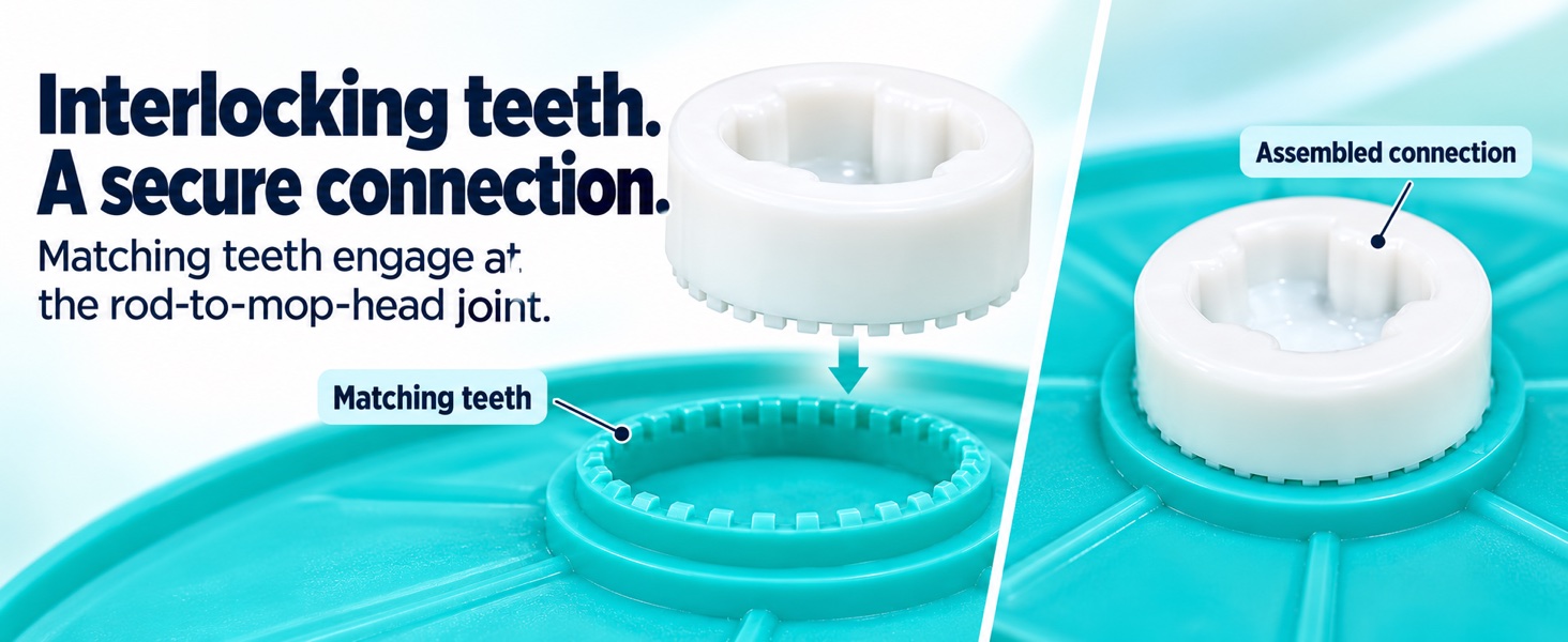 Close-up showing matching teeth at the JoyClean rod and mop-head connection